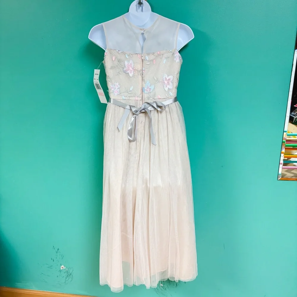 NWT Rare Editions Cream Mesh Floral Embroidered Tulle Skirt Formal Maxi Dress 10